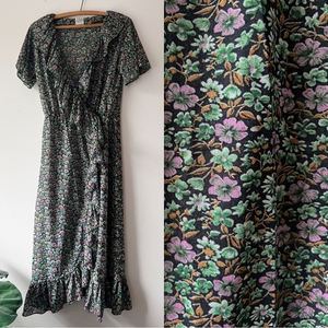 Vintage sheer ditzy floral ruffle boho robe‎ dress beach cowgirl M